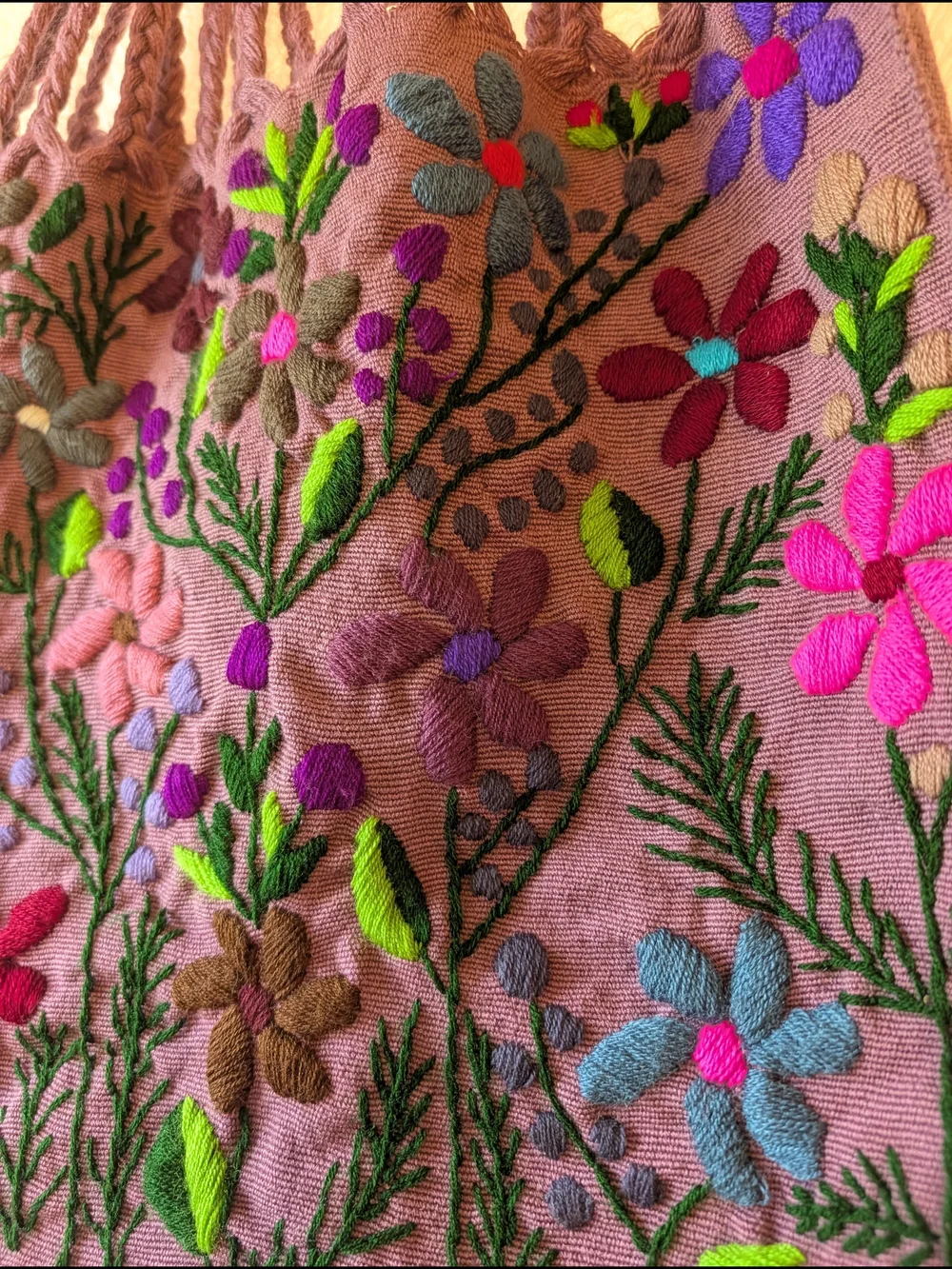 Hand-Embroidered Purple Floral Tote Bag